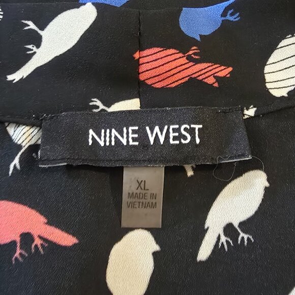 Nine West Womens XL Blouse Black Bird Print Sleeveless Top Layering Semi Sheer - Picture 8 of 9